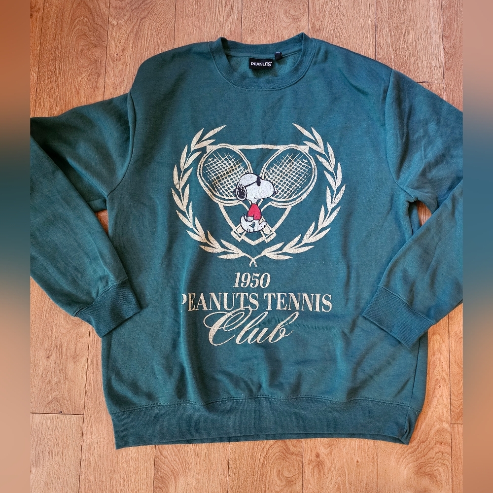Peanuts Green Crewneck Sweater with Tennis Emblem
